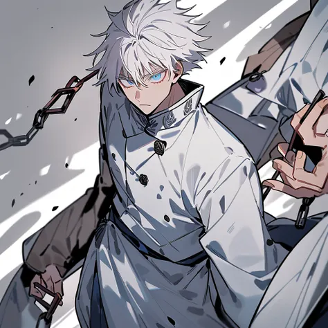 a male character that mixes Satoru Gojo Toji Fushiguro and Kurapika from Jujutsu Kaisen wearing Yuta Okkotsus clothing with white hair and light blue eyes with a light purple pupil with a Toji type Nunchaku