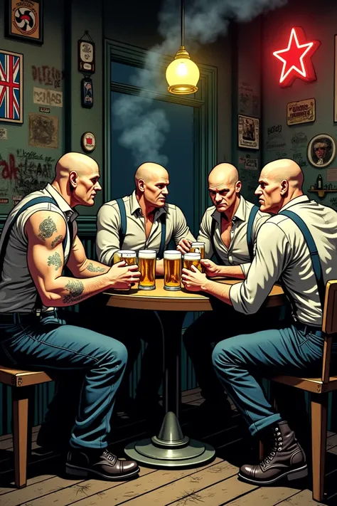 Create an illustration about some skinheads drinking some beers in a pub in London. Like comic book 