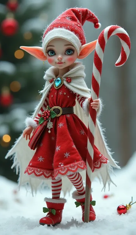 Imagine a whimsical Christmas elf with a distinctly peppermint theme. This adult elf has a slender, graceful build, standing just a bit shorter than average but exuding an aura of magic and mischief. Their skin has a slight shimmer, as though dusted with s...