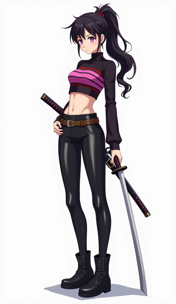 Japanese anime teen woman with long black hair wears a ponytail with wavy locks and purple eyes and wears a long sleeve crop top with horizontal red and pink stripes, combined with tight pants made of material similar to leather or shiny black vinyl with b...