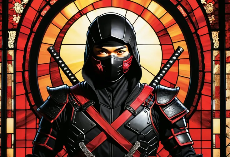 a black Ninja with a sword in front of a red sun,  Stained Glass Art ,Ninja, mk Ninja, Ninjas, Ninja jesus, Ninja warrior, epic Ninja suit, Ninja outfit, Ninja scrolls, the red Ninja, goth Ninja, Ninja, Ninja cat, mystic Ninja, cyborg Ninja, Ninjala, robot...