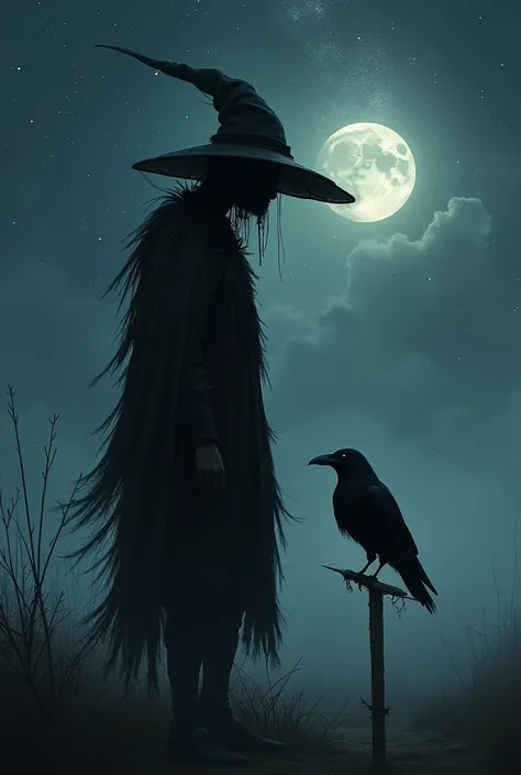 a crow is perched on the shoulder of a scarecrow who wears a long black hat, under a starry sky