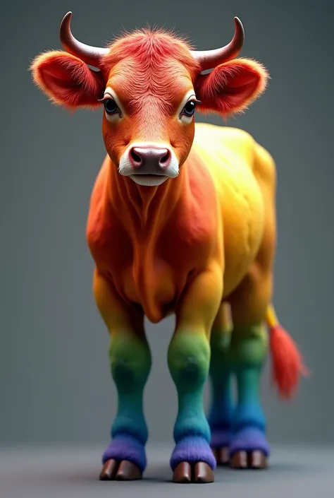  An ultra-realistic image of a young cow , captured in full body ,  with a magnificent coat and vibrant colors of the rainbow .  Its head shows shades of deep red ,  that gradually transform into bright orange on the neck and chest .  The back is decorated...