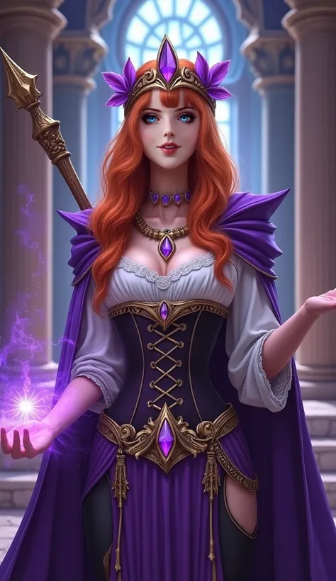 ((masterpiece,best quality)), ((same girl in the photo with same outfit and hairstyle)), ((She standing in Violet Citadel with a smile, as she can view in full body view, her fiery orange hair framing a striking figure)). ((A purple flower inspired diamond...