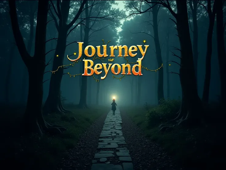 Image: A path through a dark, eerie forest, with perhaps a single light source like a lantern or the moon.
Text: Text that reads "Journey Beyond" or "Eternal Life", in a font that looks like its part of the forest, maybe with vines or leaves around it.
Ele...