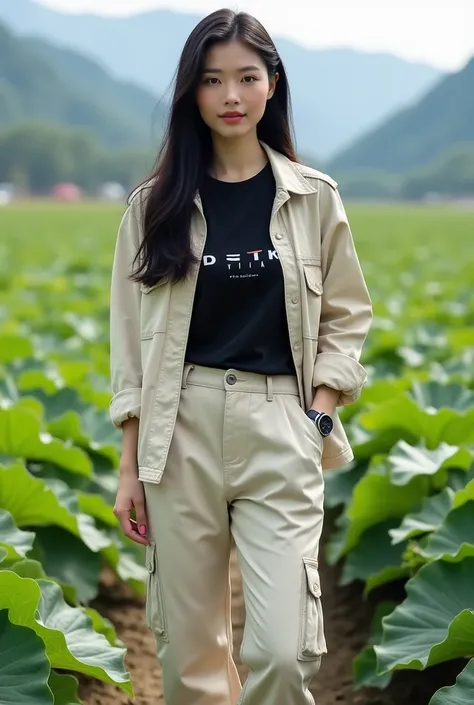 Beautiful Asian woman, smooth white skin, well-groomed face, long black hair, posing in a very fertile and beautiful water melon field, cream colored jacket, black t-shirt with the YETIK logo, cool watch, knee-length cream colored cargo pants, grey shoes, ...