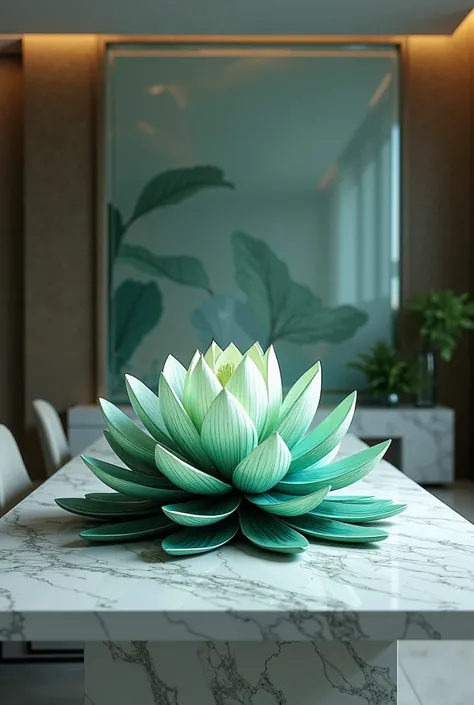 I want to create a design for a pharol lotus flower with green and blue colors to decorate a large marble high table in front of a big mirror 