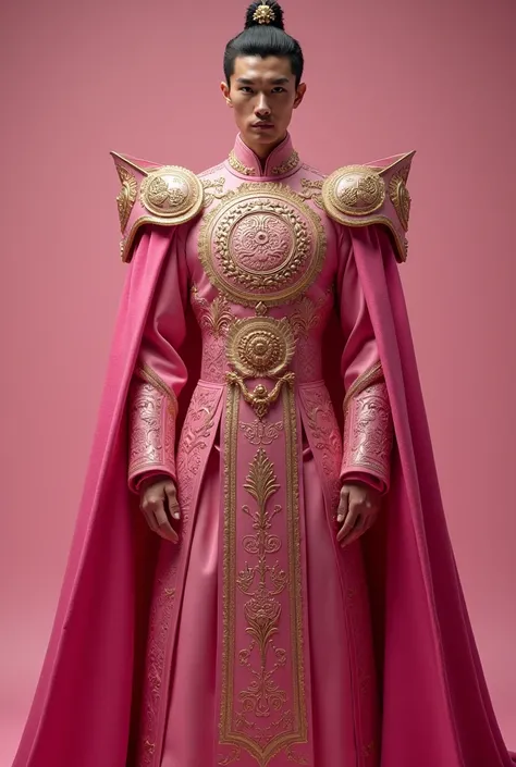 a man in a pink outfit , pink iconic character, hot pink and gold color scheme, pink and gold color scheme, dressed as emperor,gold color art on chest , short hair, no beard, long neck, sultan, trending photo, ad image, pink and gold, royal emperor, [ cine...