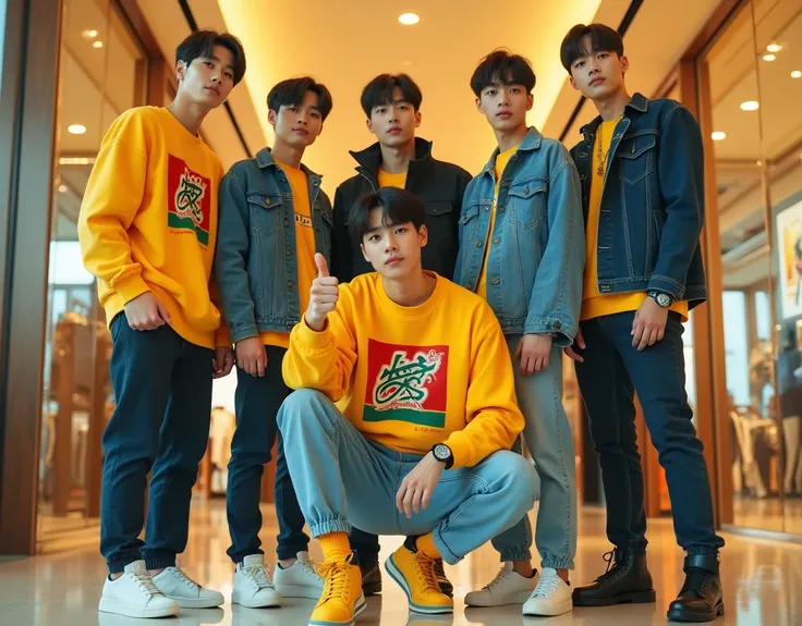 6 guys Korean handsome guy with short hair neat , while squatting posing hand thumbs ok , in a room ,  in a mall wearing a light yellow sweatshirt with a striking design on the front , which reads 24K CEF "    in retro-style bold .  The design features inc...