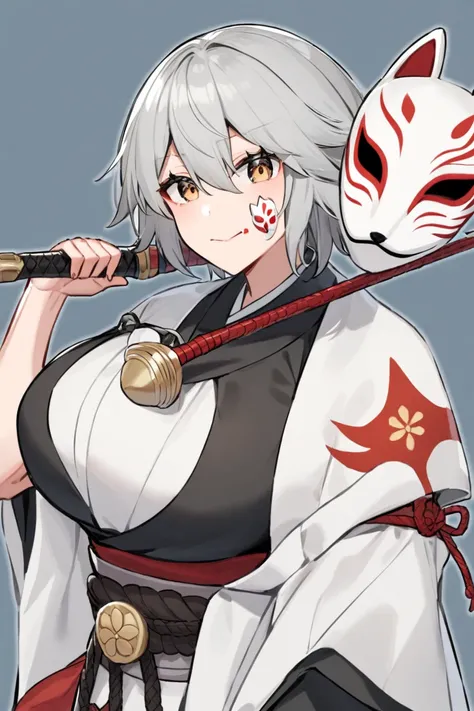 woman,Gray Hair, short hair, whip,Big Breasts,Put a fox mask on your face ,Older sister type, hide your entire face with a fox mask