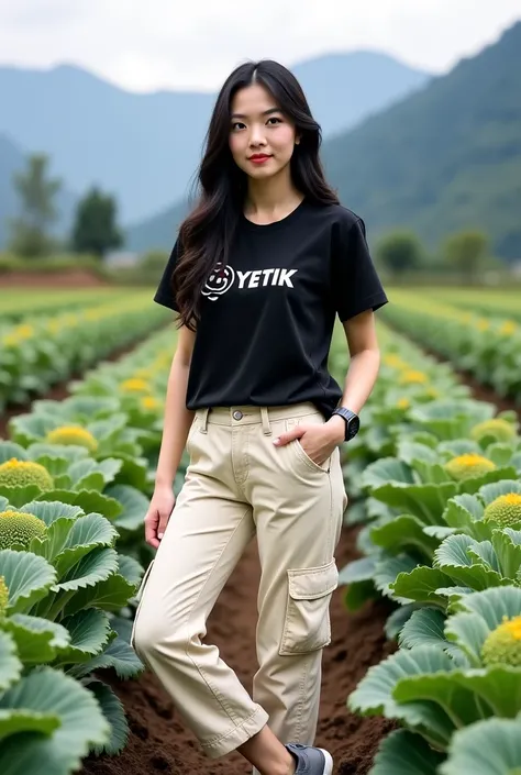 Beautiful Asian woman, smooth white skin, well-groomed face, long black hair, posing in a very fertile and beautiful broccoli field, black t-shirt with the YETIK logo, cool watch, knee-length cream colored cargo pants, grey shoes, mountain background and b...