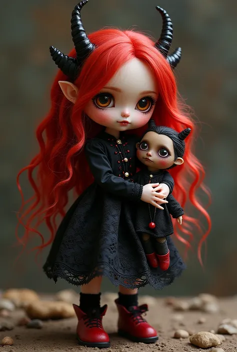  depicts a gremory demon with a cute and adorable face , pretty eyes ,  red wavy hair with tiny horns in black,  wears a lacy black dress with a small pitapita ornament ,  wears red booties and black lace socks ,  carries a big creepy doll 