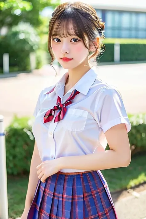 nsfw, Updo, school summer uniform,(8k, Photorealistic , Original photo, highest image quality: 1.4), Japanese High School Student, panties visible:1.4,delicate, super detailed face ,pay attention to the details with the hem of the clothes,double eyelids, t...