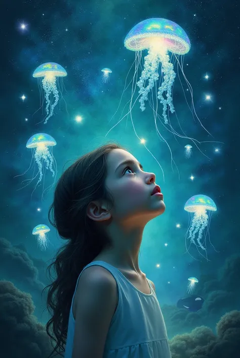 A surreal and spiritual painting depicting a young girl surrounded by bioluminescent jellyfish, each glowing softly with hues of blue, turquoise, and white. Beside her stands a mystical galaxy-patterned cat, its fur reflecting the glowing light of the jell...