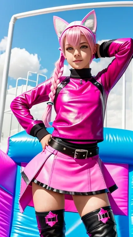  teenager with pink hair ,  slim model , pink leather korsett , tüll skirt pink ,  leather arm warmers blue,  knee-high leather boots, Cat ears, bouncy castle, twintails

