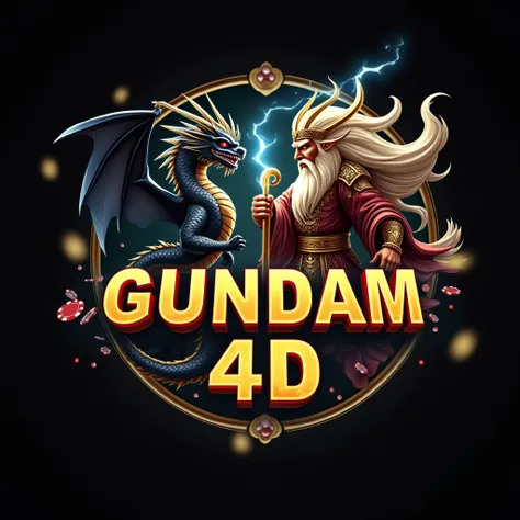 create a casino game logo brochure chinese black dragon and god zeus holding lightning with the name "GUNDAM 4D", holographic, BIG text should be in the middle, chips flying, casino table, put the text in the middle, black and gold color,