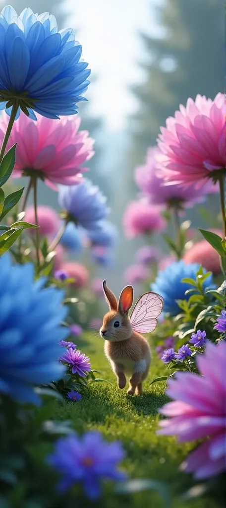 A beautiful garden with vibrant, oversized flowers of every color floating in the air, suspended by an unseen force. The colors of the flowers are vivid and mesmerizing—blues, purples, and pinks. A small, whimsical creature resembling a rabbit with butterf...