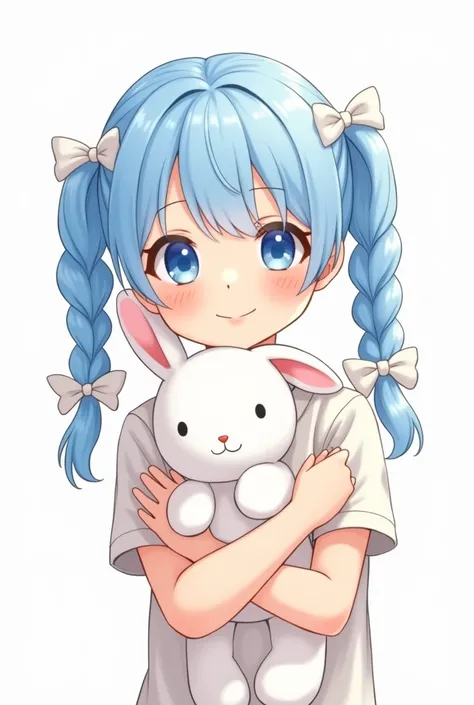 A girl with pastel blue hair braided in two with a white ribbon smiling holding a rabbit doll with a white background, the girl looks like she is in a comic book 