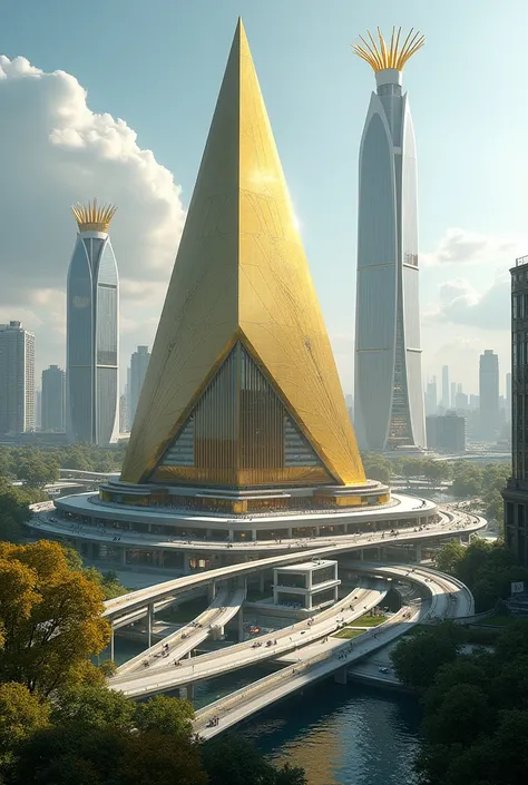 Criei uma cidade futurista com prédios moderno o prédio coloca pirâmide dourado e nomea de BLACKWHITE E OUTRO PRÉDIO COLOCA COROA 👑 NOEA AW AYTON WONDER FASHION 