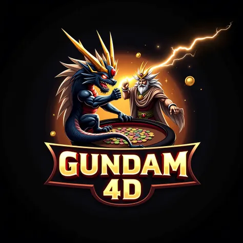 create a casino game logo brochure chinese black dragon and god zeus holding lightning with the name "GUNDAM 4D", holographic, BIG text should be in the middle, chips flying, casino table, put the text in the middle, black and gold color,