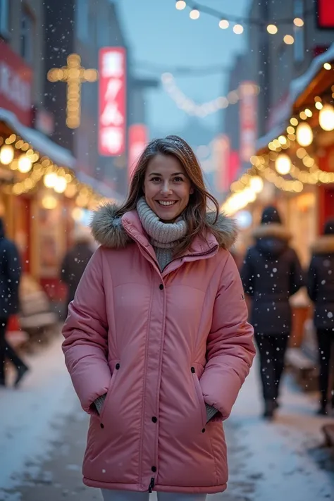 Osaka Japanese , 31 December, snow, happy new year atmosphere around, Christmas tree, garlands, street city, happy smiling russian woman, 41 years old, dark evening, it’s snowing. pink winter jacket, white leggings, scarf. hyper Realistic photo, Full HD 8K...