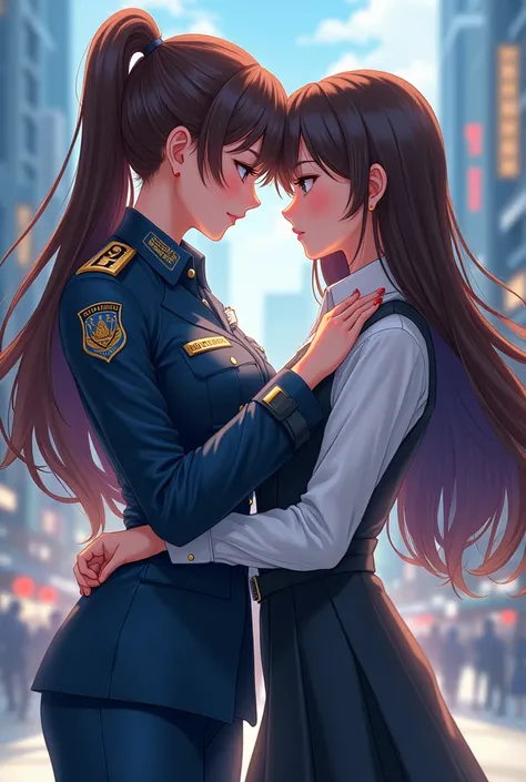 Anime Thai police brunette dress standing with girlfriend who is a law student