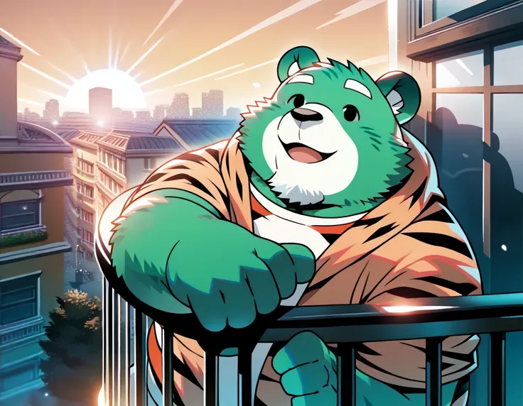 anthro, kemono, male, duo, ((round face, very plump face, thick beard)), ((endomorph body type, old-aged)), ((adventure costume:1.5)), ((greenbear, tiger) fluffy fur, fluffy), (at medieval home), bokeh, (pinching his grandsons cheek), detailed background, ...