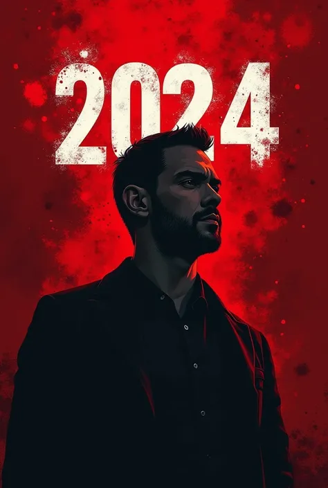 Here’s the prompt you can use to create a similar design:

Prompt:
"A dramatic 16:9 wallpaper featuring the year 2024 in bold, large font in the background with a blood-red theme. The background includes intense red textures resembling blood splashes, crea...