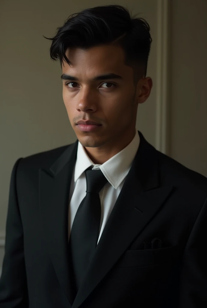 ((a young man in a black suit and tie)), taken at the beginning of 2020, Gotham, alexander, he looks very sophisticated, (((short black hair combed to the left side))), (dark grey eyes and thick eyebrows), pretentious smile. ((20 years old)), ((Black suite...