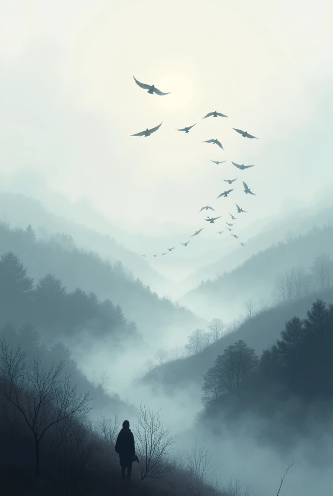 Peinture paysage avec de la brume et des oiseaux