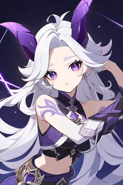 anime woman, long wavy hair, pure white hair, purple eyes, purple tattoo makings on cheek and arms, stiff horns on front of the head, purple horns, genshin impact outfit crop top, genshin impact characters