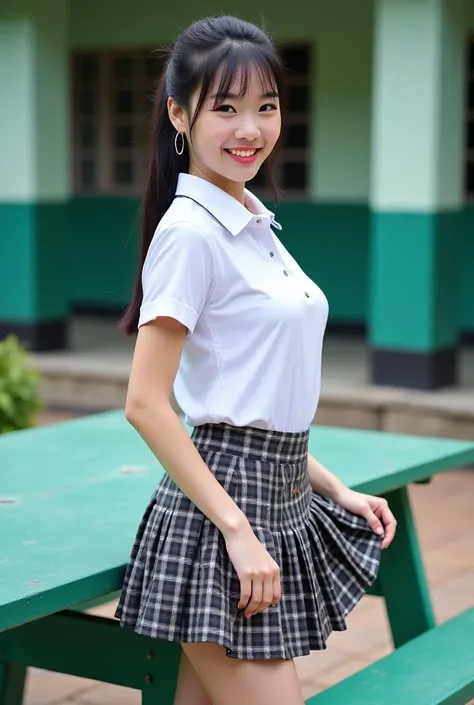 Real photos High-quality Realistic of thai woman, Beautiful girl (((large breast , big breast , nsfw))) , Best Quality, 20 years old thai girl in a school uniform astanding near a green metal table,  She is wearing a white shirt(((large breast , big breast...