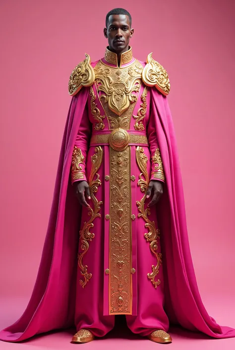 a man in a pink outfit , pink iconic character, hot pink and gold color scheme, pink and gold color scheme, dressed as emperor,gold color art on chest, gold color decoration on shoulder,short hair, no beard, long neck, sultan, trending photo, ad image, pin...