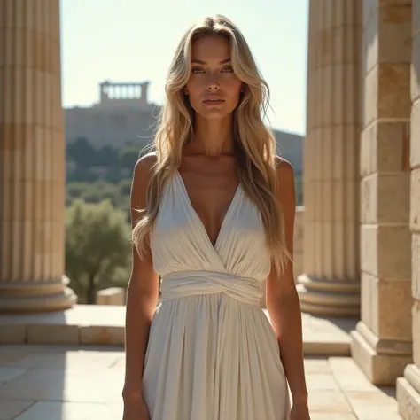 Professional upper body portrait photo, (Photo 4k:1.1), by (Jeremy Lipking:0.3), (Dittmann Anna:0.3), (Cécile:0.3), (sharp focus:0.1), high detail. A greek goddess in a white doric chiton, poses in a marble temple surrounded by ancient olive trees with the...