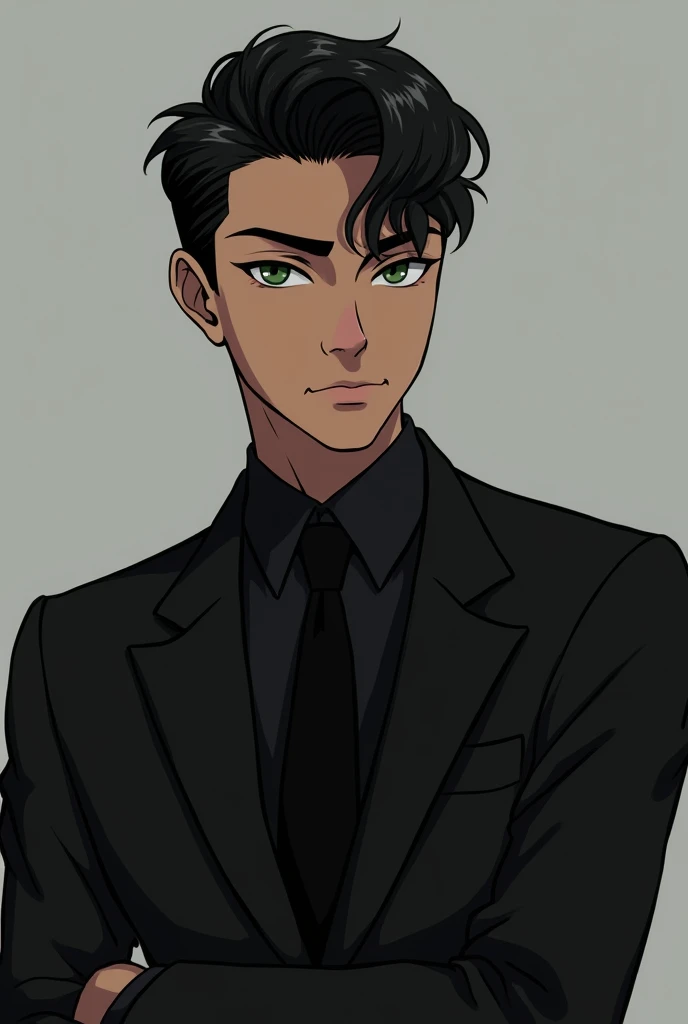 Anime character, ((a young man in a black suit and tie)), taken at the beginning of 2020, Gotham, alexander, he looks very sophisticated, (((short black hair combed to the left side))), (dark green eyes and thick eyebrows), pretentious smile. ((20 years ol...