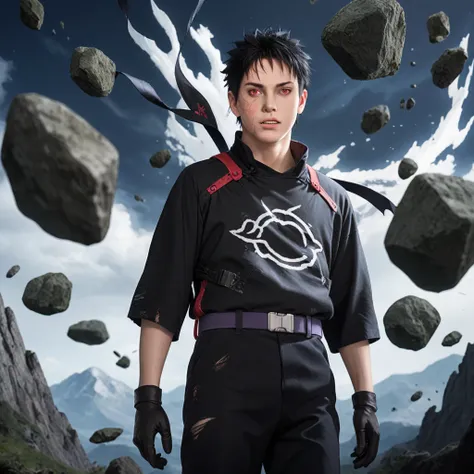 1boy, torn clothes,Uchiha Obito, black gloves, floating rocks,extremely detailed background,blurry background,mountains in distance, cowboy shot,black pants,black hair,rinnegan,red eye,purple eye and sclera,sharingan,heterochromia,teeth,short hair,scar, ni...