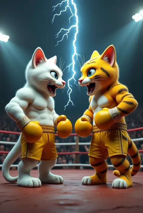 
Prompt: "A highly detailed 3D render of two muscular anthropomorphic cats in a boxing ring, facing off dramatically. One is a white cat with yellow boxing shorts and gloves, and the other is a yellow striped cat wearing similar attire. Both are growling i...