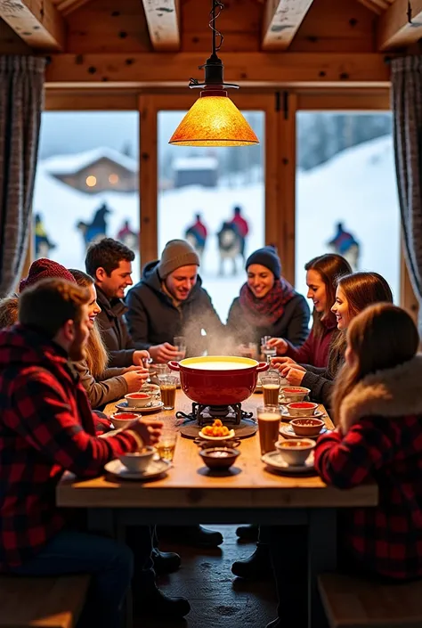 Groupe dune quizaine de personnes dont une petite fille, Around a fondue in a chalet with snow in the background and sled dogs 