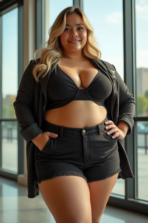 1girl,sorority girl, latina, blonde hair, sexy clothes , chubby, (double chin), chubby face, fat belly, busty, large chest,  High quality real photo, big glass windows 