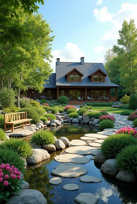 Create an image depicting a beautiful landscape design of a country property. In the center of the composition, there is a well-maintained garden with a variety of blooming plants, trees, and shrubs. Include elements of water features such as a pond or fou...