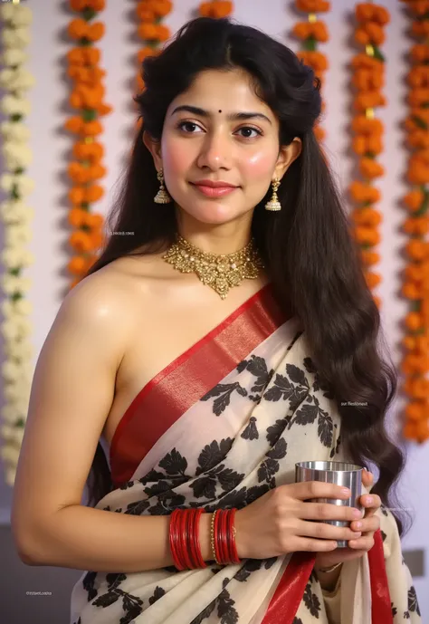 "Create a realistic 8k image of a traditional Indian woman dressed in an elegant cream black bra transparent saree with a rich red border showing nipples deep navel. She is adorned with traditional gold jewelry, including a necklace with pendants and match...