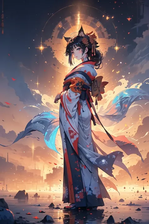 ((masterpiece:1.2)), (( top quality :1.2)), The sun rises above the horizon, Woman standing in the morning light with the shrine torii gate in the background,  long hair that flutters in the wind , Turn around with a smile, Bathed in light, (whole body:1.5...