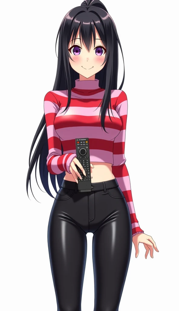 Japanese anime teen woman with long black hair, a ponytail with locks and purple eyes, and wears a long sleeve crop top with horizontal red and pink stripes., combined with tight pants made of material similar to leather or glossy black vinyl with black le...