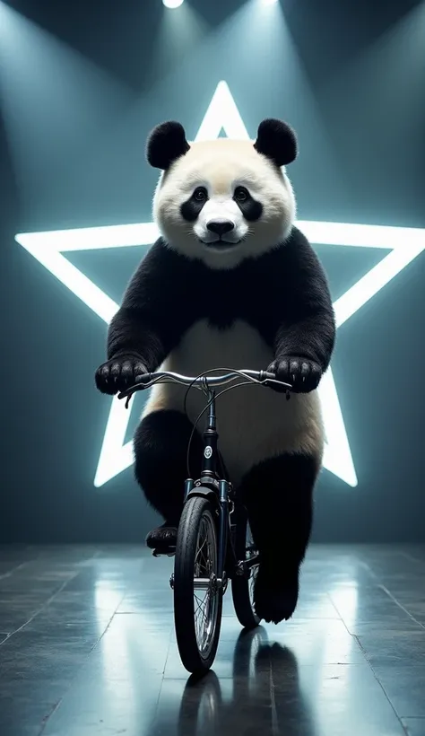 Create an ultra-realistic full-length portrait of a large, ultra-realistic panda bear on a small bicycle on a stage. The stage is well-lit with high-intensity white spotlights that highlight her face and body, ensuring that every detail is clearly visible....