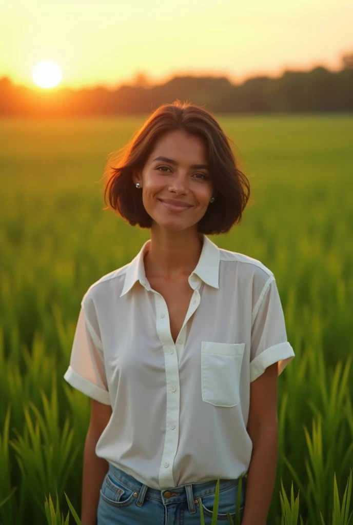  A Brazilian woman with short hair  , on a large lush green field ,  at sunset wearing a white shirt ,  capturing the harmonious beauty between her natural breasts ,  showing her natural charm and outgoing personality .