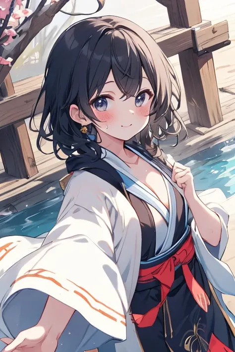  high res, masterpiece,  high detail,  high detail,  anime style, Anime Paint,2D,cute, Young,Long-sleeved kimono, sweat,Young, 平らな胸, My chest is exposed, cleavage,first visit of the year to a shrine, Kiss , smiley smile , face,Long black hair, twirling his...