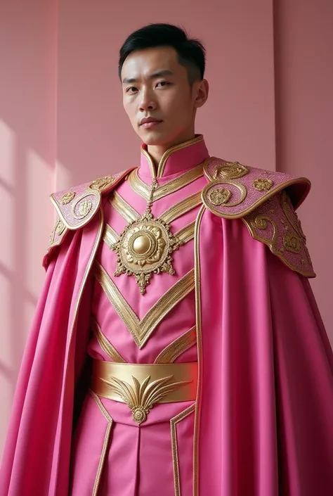 a man in a pink outfit , pink iconic character, hot pink and gold color scheme, pink and gold color scheme, dressed as emperor,gold color art on chest, gold color cover on shoulder,short hair, no beard, sultan, ad image, pink and gold, royal emperor, cinem...