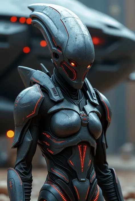 "Visualize a Mazarek alien standing tall in front of an advanced alien spacecraft. The alien wears sleek, futuristic armor, with metallic plates and glowing red lines running through them. The armor is heavily armored and highly advanced, designed for comb...