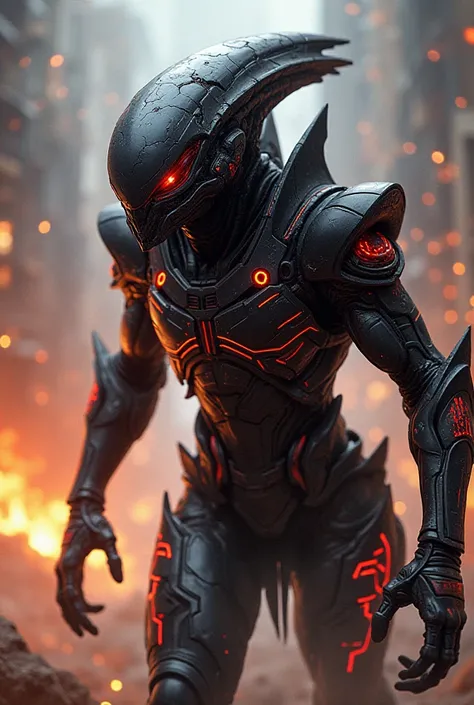 Illustrate a Mazarek alien in the midst of a high-tech, intense battle. It wears intricate, advanced armor, with glowing energy panels and sharp, angular designs. The armor looks battle-worn but highly functional, with dark metallic surfaces and glowing re...