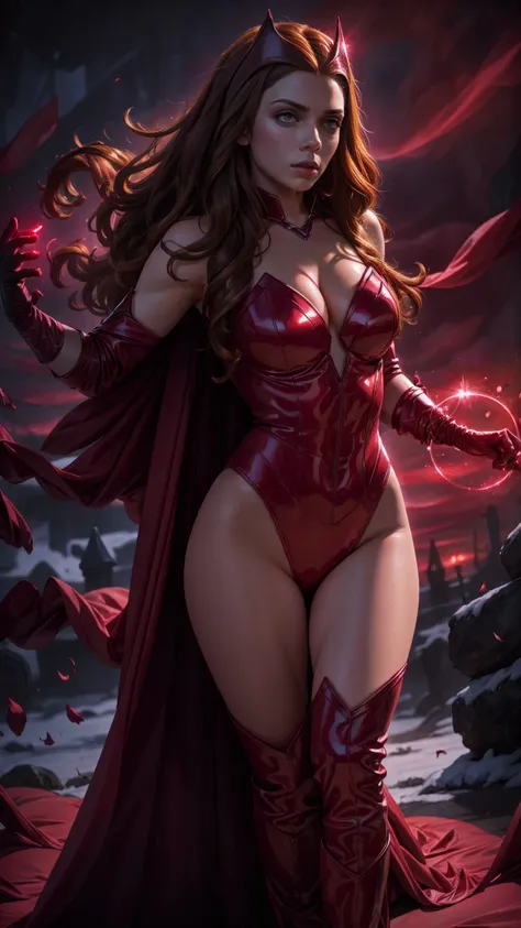 best quality,ultra-detailed,realistic,sexy scarlet witch,beautiful detailed eyes, beautiful detailed lips, long red hair, witch costume, glowing magical powers, intense gaze, confident posture, dark and mysterious background, vibrant colors, enchanting art...